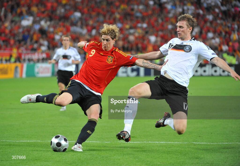 29 June 2008; Fernando Torres, Spain, in action against Per Mertesacker, Germany. UEFA EURO 2008TM, Final, Germany v Spain, Ernst Happel Stadion, Vienna, Austria. Picture credit; Pat Murphy / SPORTSFILE