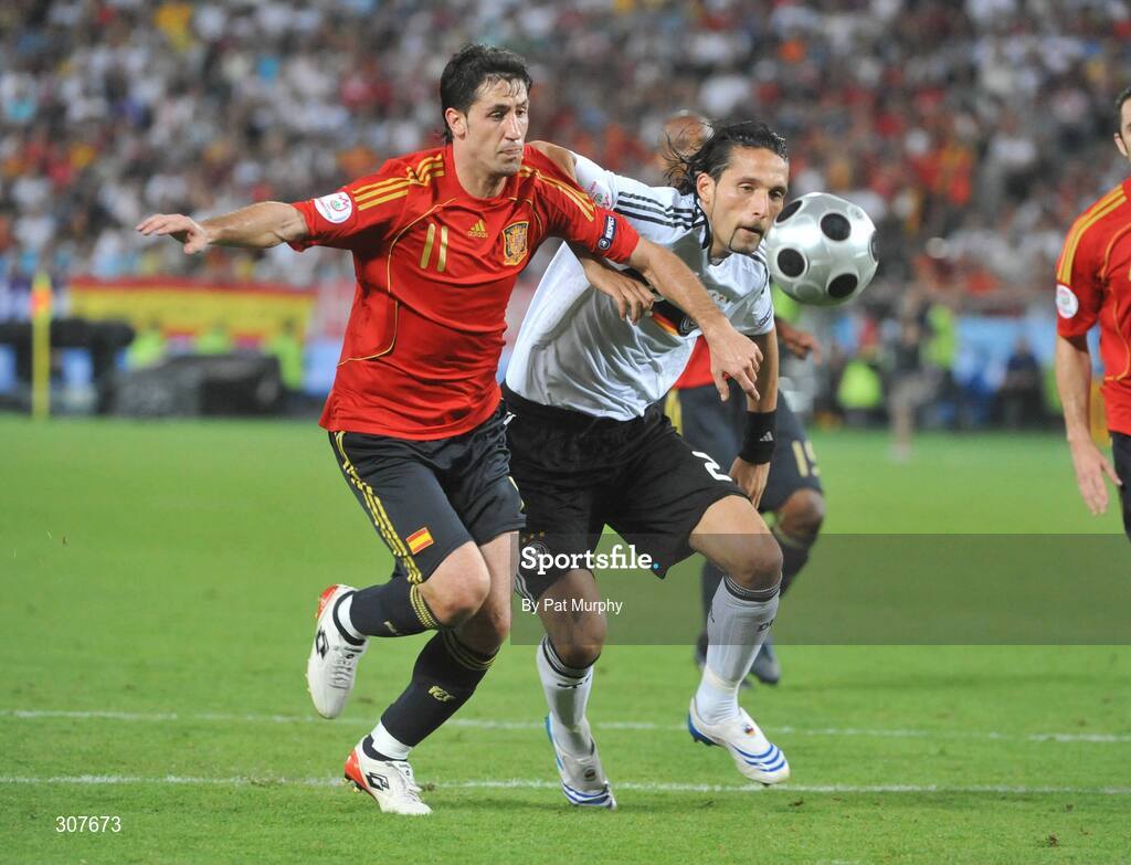 29 June 2008; Joan Capdevila, Spain, in action against Kevin Kuranyi, Germany. UEFA EURO 2008TM, Final, Germany v Spain, Ernst Happel Stadion, Vienna, Austria. Picture credit; Pat Murphy / SPORTSFILE