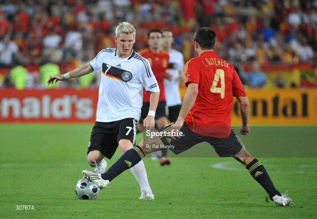 29 June 2008; Bastian Schweinsteiger, Germany, in action against Carlos Marchena, Spain. UEFA EURO 2008TM, Final, Germany v Spain, Ernst Happel Stadion, Vienna, Austria. Picture credit; Pat Murphy / SPORTSFILE