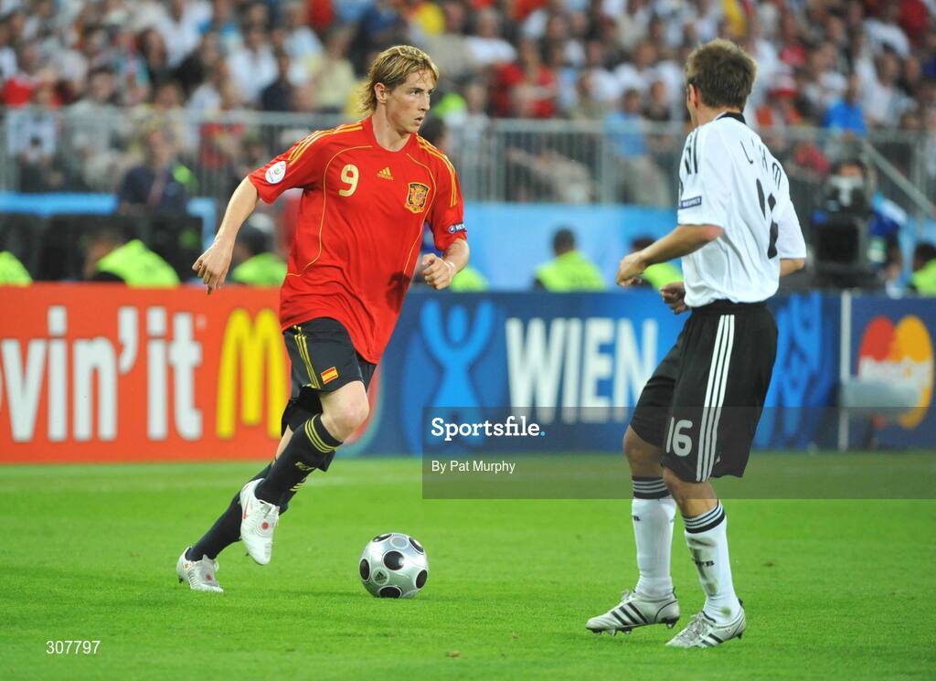 29 June 2008; Fernando Torres, Spain, in action against Philipp Lahm, Germany. UEFA EURO 2008TM, Final, Germany v Spain, Ernst Happel Stadion, Vienna, Austria. Picture credit; Pat Murphy / SPORTSFILE