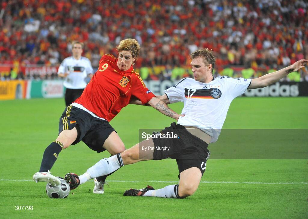 29 June 2008; Fernando Torres, Spain, in action against Per Mertesacker, Germany. UEFA EURO 2008TM, Final, Germany v Spain, Ernst Happel Stadion, Vienna, Austria. Picture credit; Pat Murphy / SPORTSFILE