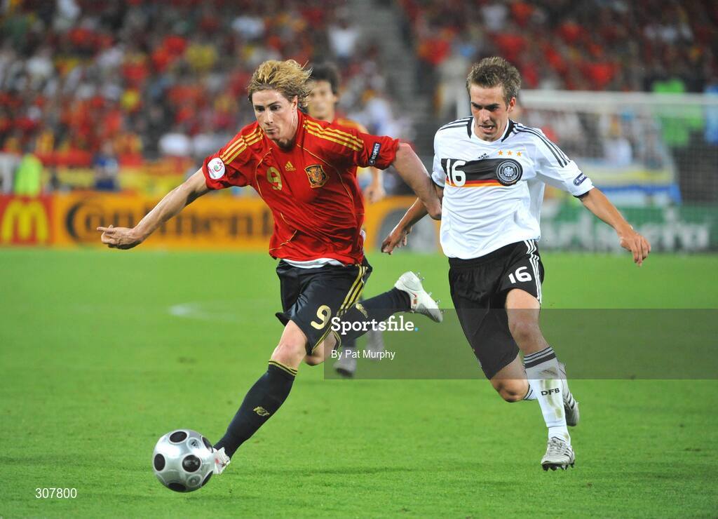 29 June 2008; Fernando Torres, Spain, in action against Philipp Lahm, Germany. UEFA EURO 2008TM, Final, Germany v Spain, Ernst Happel Stadion, Vienna, Austria. Picture credit; Pat Murphy / SPORTSFILE