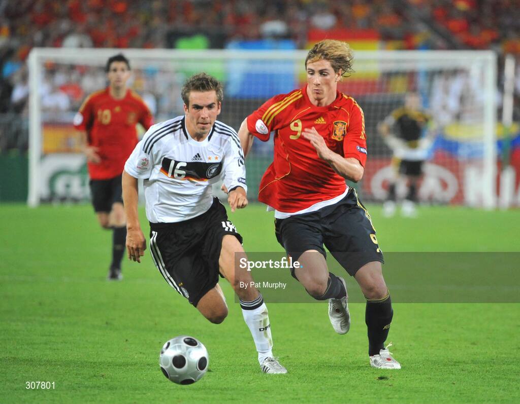 29 June 2008; Fernando Torres, Spain, in action against Philipp Lahm, Germany. UEFA EURO 2008TM, Final, Germany v Spain, Ernst Happel Stadion, Vienna, Austria. Picture credit; Pat Murphy / SPORTSFILE