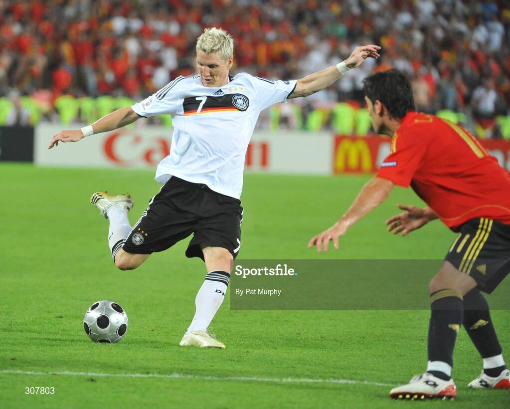 29 June 2008; Bastian Schweinsteiger, Germany, in action against Joan Capdevila, Spain. UEFA EURO 2008TM, Final, Germany v Spain, Ernst Happel Stadion, Vienna, Austria. Picture credit; Pat Murphy / SPORTSFILE