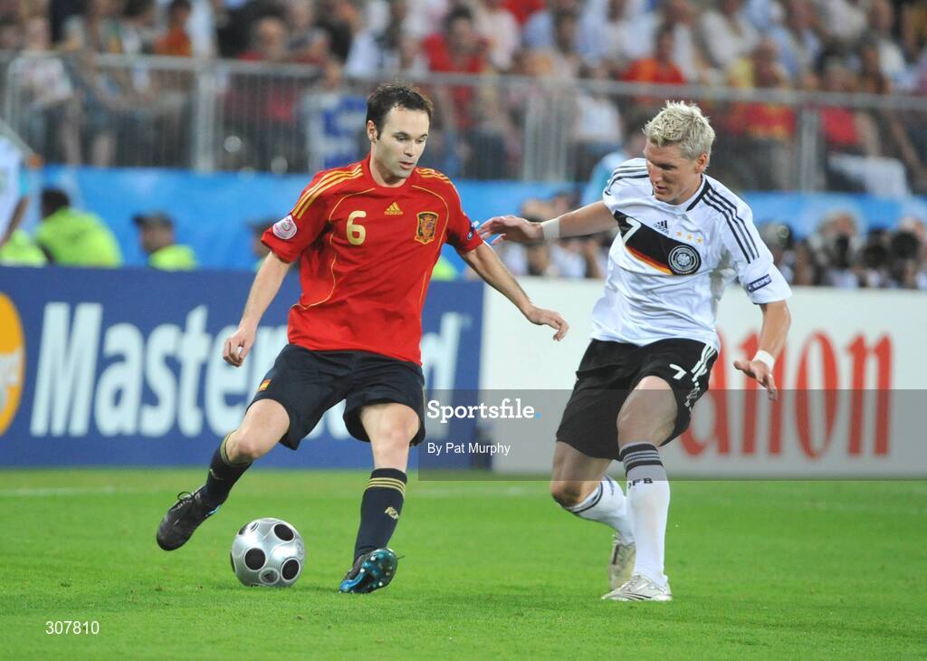 29 June 2008; Andres Iniesta, Spain, in action against Bastian Schweinsteiger, Germany. UEFA EURO 2008TM, Final, Germany v Spain, Ernst Happel Stadion, Vienna, Austria. Picture credit; Pat Murphy / SPORTSFILE