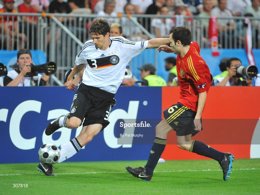 29 June 2008; Arne Friedrich, Germany, in action against Andres Iniesta, Spain. UEFA EURO 2008TM, Final, Germany v Spain, Ernst Happel Stadion, Vienna, Austria. Picture credit; Pat Murphy / SPORTSFILE