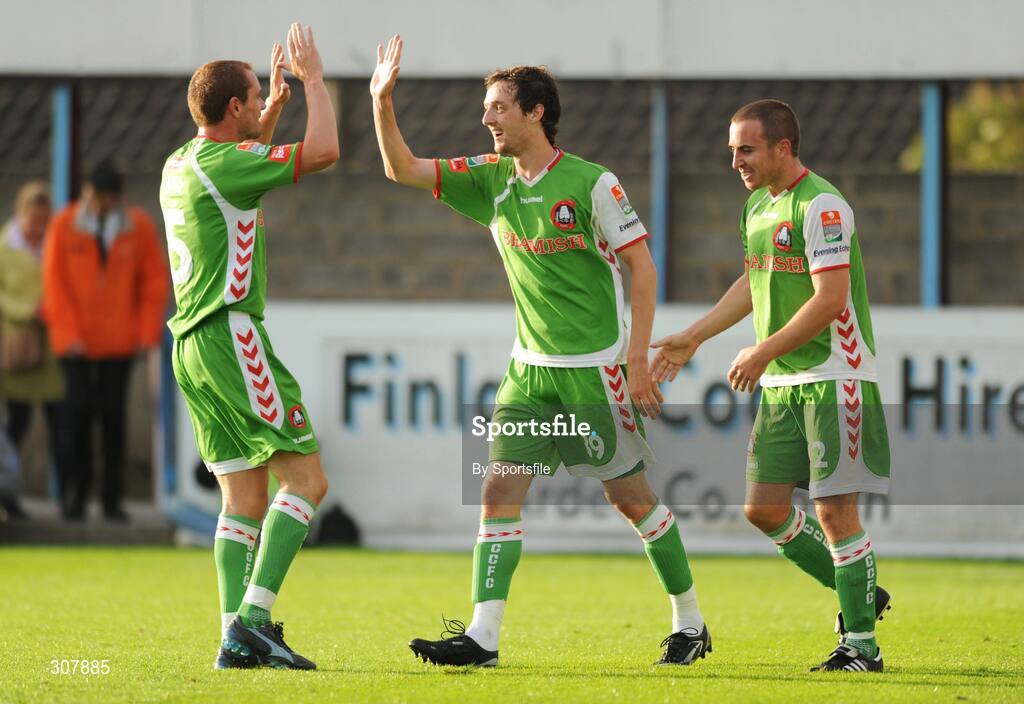 1 July 2008; Dave Mooney, Cork City, celebrates after scoring his side's first goal with team-mates Colin Healy, left and Neal Horgan, right. eircom League Cup Quarter-Final, Drogheda United v Cork City, United Park, Drogheda, Co. Louth. Photo by Sportsfile