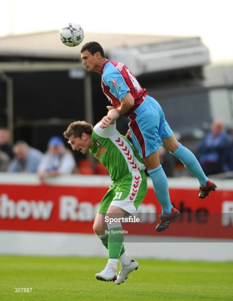 1 July 2008; John Tambouras, Drogheda United, in action against Denis Behan, Cork City. eircom League Cup Quarter-Final, Drogheda United v Cork City, United Park, Drogheda, Co. Louth. Photo by Sportsfile