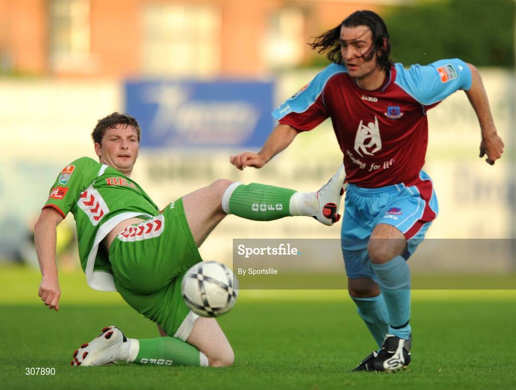 1 July 2008; Denis Behan, Cork City in action against Jason Gavin, Drogheda United. eircom League Cup Quarter-Final, Drogheda United v Cork City, United Park, Drogheda, Co. Louth. Photo by Sportsfile