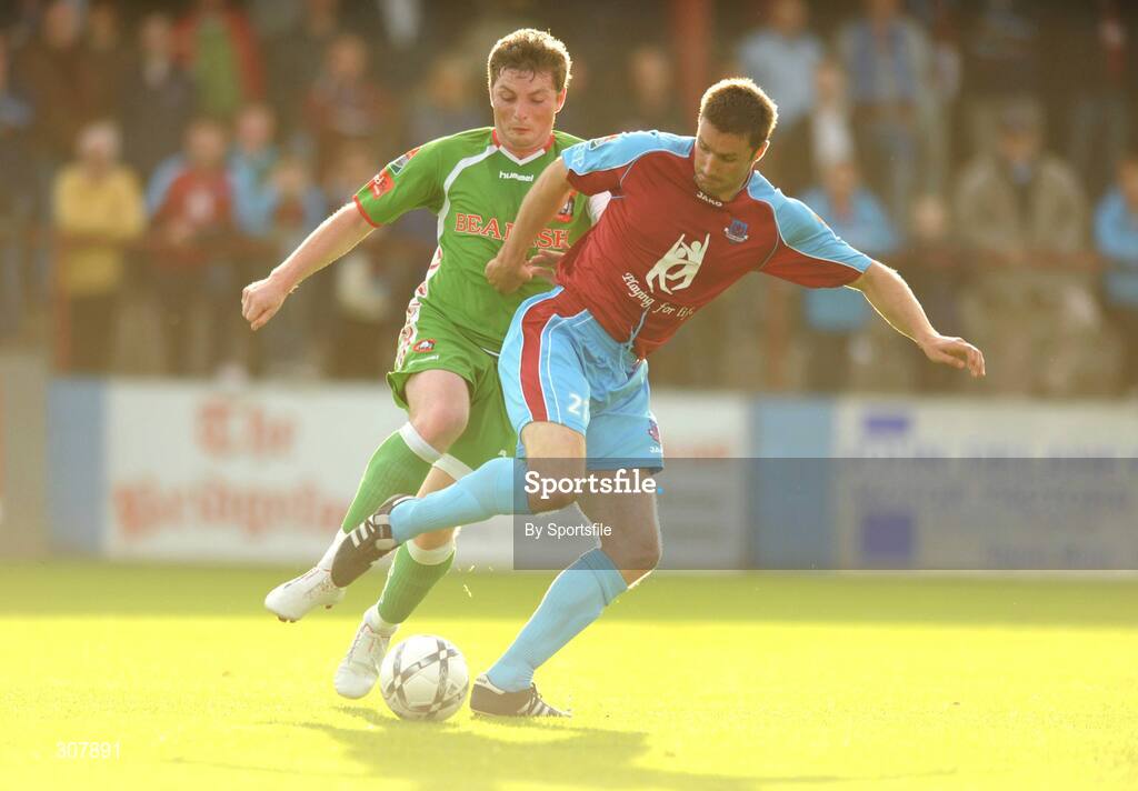1 July 2008; Shaun Maher, Drogheda United, in action against Denis Behan, Cork City. eircom League Cup Quarter-Final, Drogheda United v Cork City, United Park, Drogheda, Co. Louth. Photo by Sportsfile