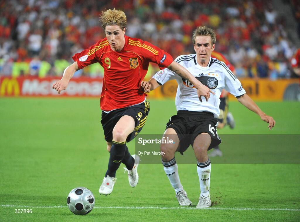 29 June 2008; Fernando Torres, Spain, in action against Philipp Lahm, Germany. UEFA EURO 2008TM, Final, Germany v Spain, Ernst Happel Stadion, Vienna, Austria. Picture credit; Pat Murphy / SPORTSFILE