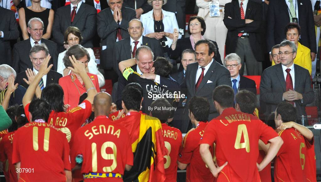 29 June 2008;The Spain players, UEFA President Michel Platini and General Secretary David Taylor look on as team captain Iker Casillas is greeted by King Juan Carlos of Spain. UEFA EURO 2008TM, Final, Germany v Spain, Ernst Happel Stadion, Vienna, Austria. Picture credit; Pat Murphy / SPORTSFILE