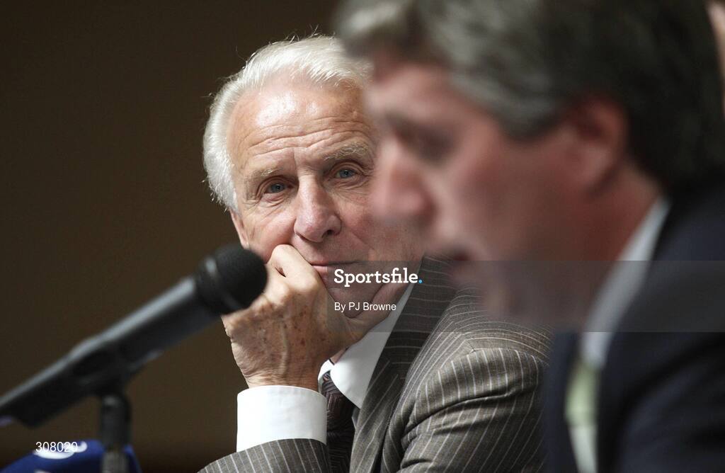 2 July 2008; FAI Chief Executive John Delaney speaking to the media at the press conference as Republic of Ireland manager Giovanni Trapattoni looks on. Tower Hotel, Waterford.  Picture credit: Patrick Browne / SPORTSFILE