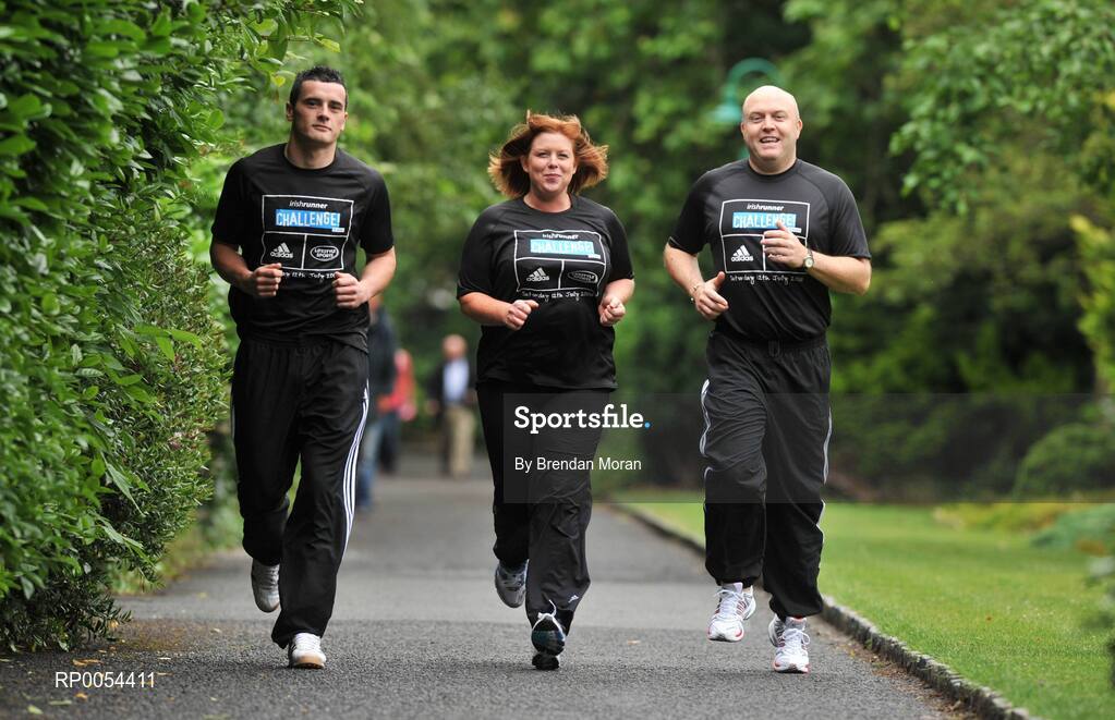 2 July 2008; At the launch of the Lifestyle Sports-adidas race series are, from left, Dublin footballer Paul Brogan with FM104 Strawberry Alarm Clock presenters Niamh Crowley and Jim McCabe, who will all participate in the Lifestyle Sports-adidas Irish Runner 5 mile challenge on July 12th. For further information about the race series log onto www.dublinmarathon.ie. Merrion Square, Dublin. Picture credit: Brendan Moran / SPORTSFILE