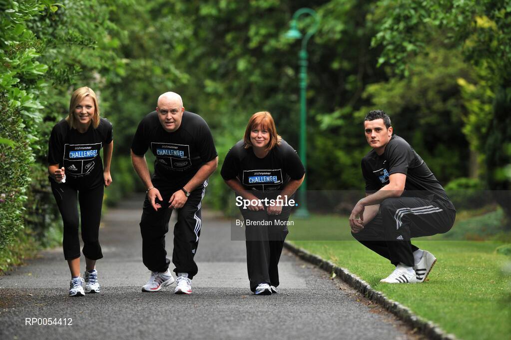 2 July 2008; At the launch of the Lifestyle Sports-adidas race series are, from left, model Sarah McGovern with FM104 Strawberry Alarm Clock presenters Jim McCabe and Niamh Crowley, and Dublin footballer Paul Brogan, who will all participate in the Lifestyle Sports-adidas Irish Runner 5 mile challenge on July 12th. For further information about the race series log onto www.dublinmarathon.ie. Merrion Square, Dublin. Picture credit: Brendan Moran / SPORTSFILE