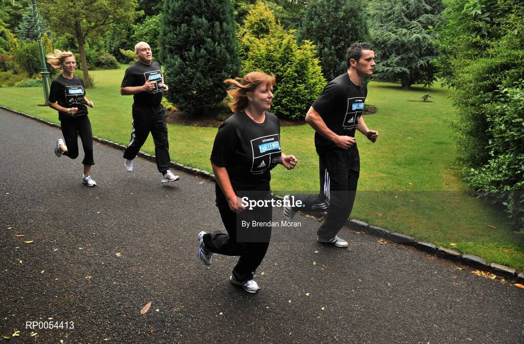 2 July 2008; At the launch of the Lifestyle Sports-adidas race series are, from left, model Sarah McGovern, FM104 Strawberry Alarm Clock presenters Jim McCabe and Niamh Crowley, and Dublin footballer Paul Brogan, who all participate in the Lifestyle Sports-adidas Irish Runner 5 mile challenge on July 12th. For further information about the race series log onto www.dublinmarathon.ie. Merrion Square, Dublin. Picture credit: Brendan Moran / SPORTSFILE