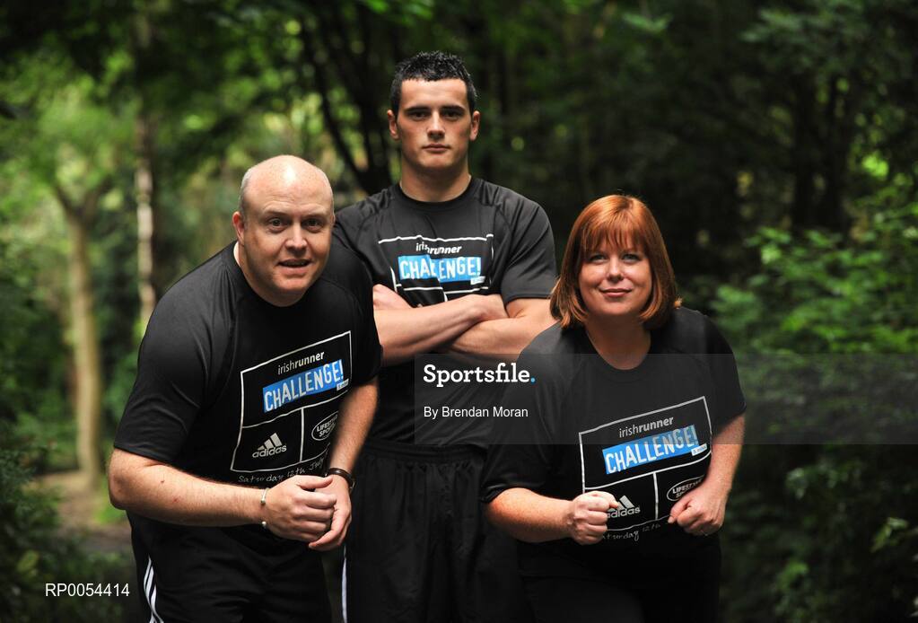2 July 2008; At the launch of the Lifestyle Sports-adidas race series are FM104 Strawberry Alarm Clock presenters Jim McCabe and Niamh Crowley, under the watchful eye of Dublin footballer Paul Brogan, who all participate in the Lifestyle Sports-adidas Irish Runner 5 mile challenge on July 12th. For further information about the race series log onto www.dublinmarathon.ie. Merrion Square, Dublin. Picture credit: Brendan Moran / SPORTSFILE