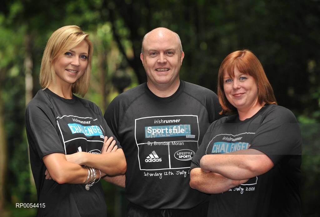2 July 2008; At the launch of the Lifestyle Sports-adidas race series are, from left, model Sarah McGovern, FM104 Strawberry Alarm Clock presenters Jim McCabe and Niamh Crowley, who will all participate in the Lifestyle Sports-adidas Irish Runner 5 mile challenge on July 12th. For further information about the race series log onto www.dublinmarathon.ie. Merrion Square, Dublin. Picture credit: Brendan Moran / SPORTSFILE