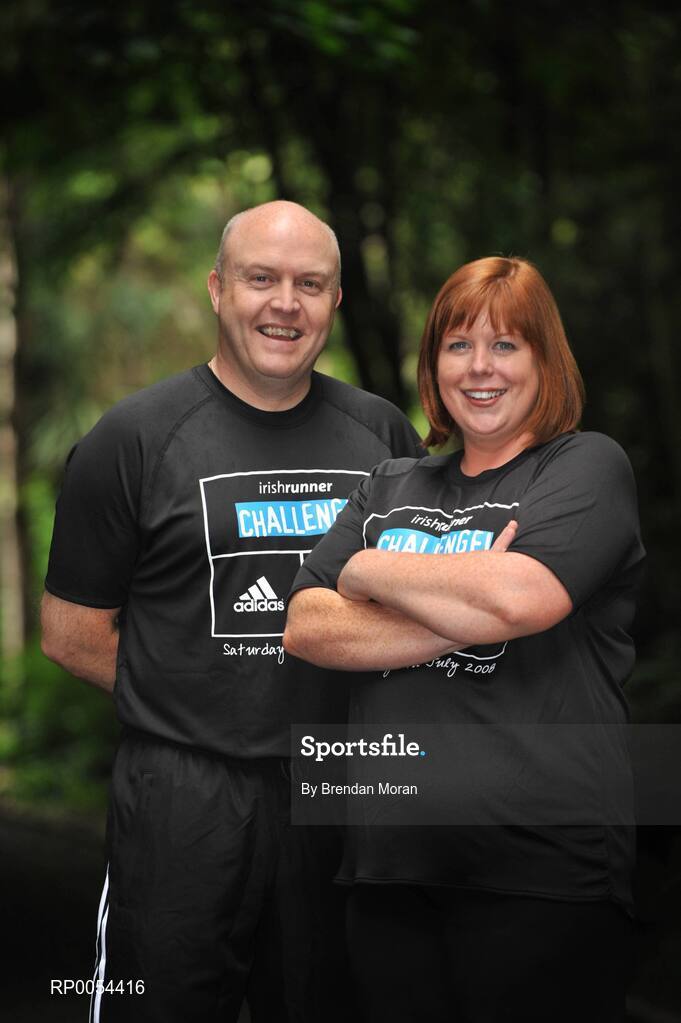 2 July 2008; At the launch of the Lifestyle Sports-adidas race series are FM104 Strawberry Alarm Clock presenters Jim McCabe and Niamh Crowley, who will all participate in the Lifestyle Sports-adidas Irish Runner 5 mile challenge on July 12th. For further information about the race series log onto www.dublinmarathon.ie. Merrion Square, Dublin. Picture credit: Brendan Moran / SPORTSFILE