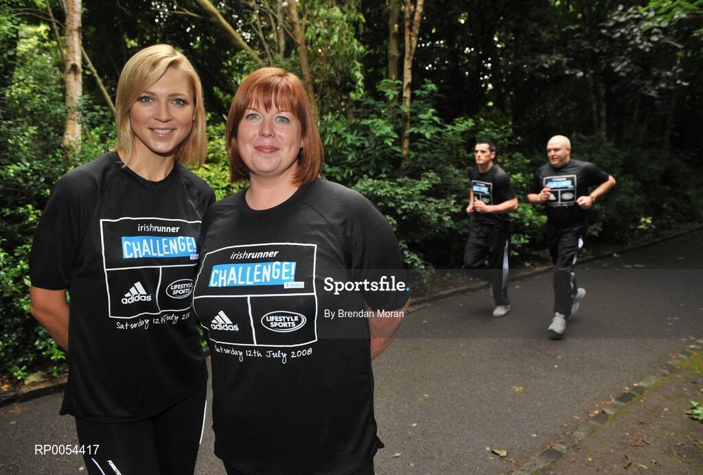 2 July 2008; At the launch of the Lifestyle Sports-adidas race series are, from left model, Sarah McGovern and FM104 Strawberry Alarm Clock presenter Niamh Crowley, with Dublin footballer Paul Brogan and Co-presenter Jim McCabe, who will all participate in the Lifestyle Sports-adidas Irish Runner 5 mile challenge on July 12th. For further information about the race series log onto www.dublinmarathon.ie. Merrion Square, Dublin. Picture credit: Brendan Moran / SPORTSFILE