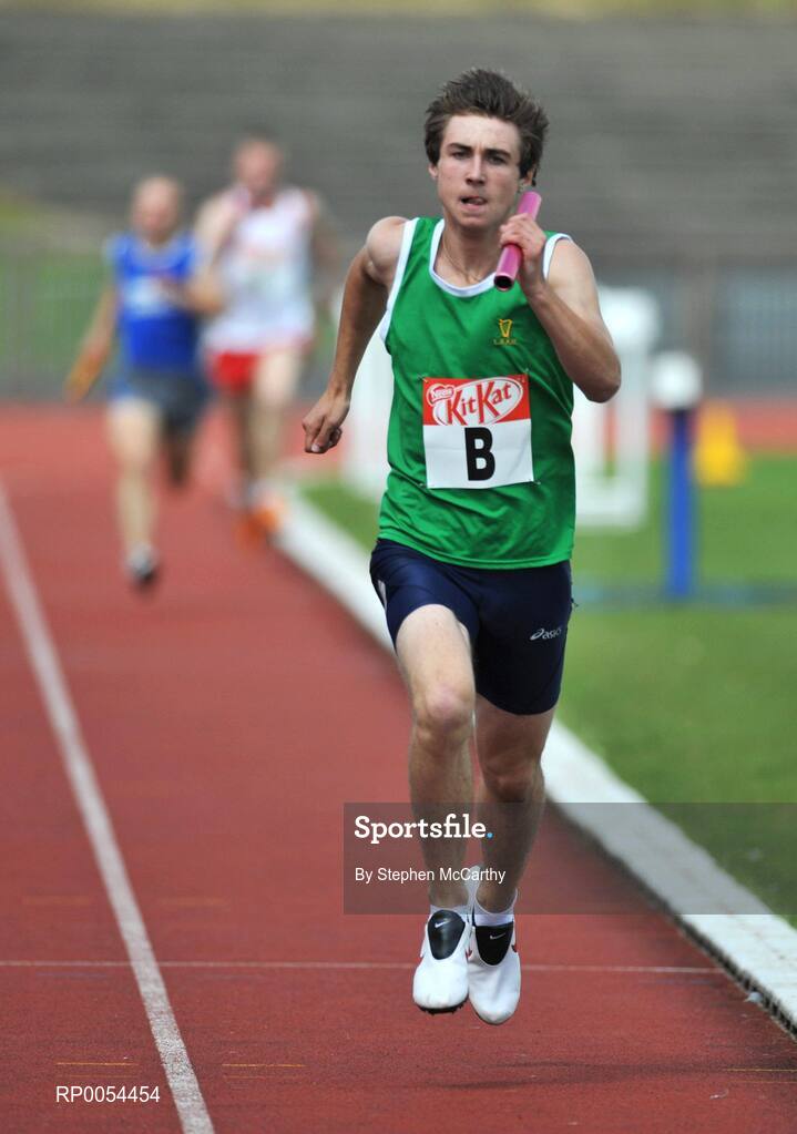 28 June 2008; Joseph Dowling, Leinster, on his way to securing his side's victory of the Boys 4x400m Boys relay at the KitKat Tailteann inter provincial track & field final. Morton Stadium, Santry, Dublin. Picture credit: Stephen McCarthy / SPORTSFILE