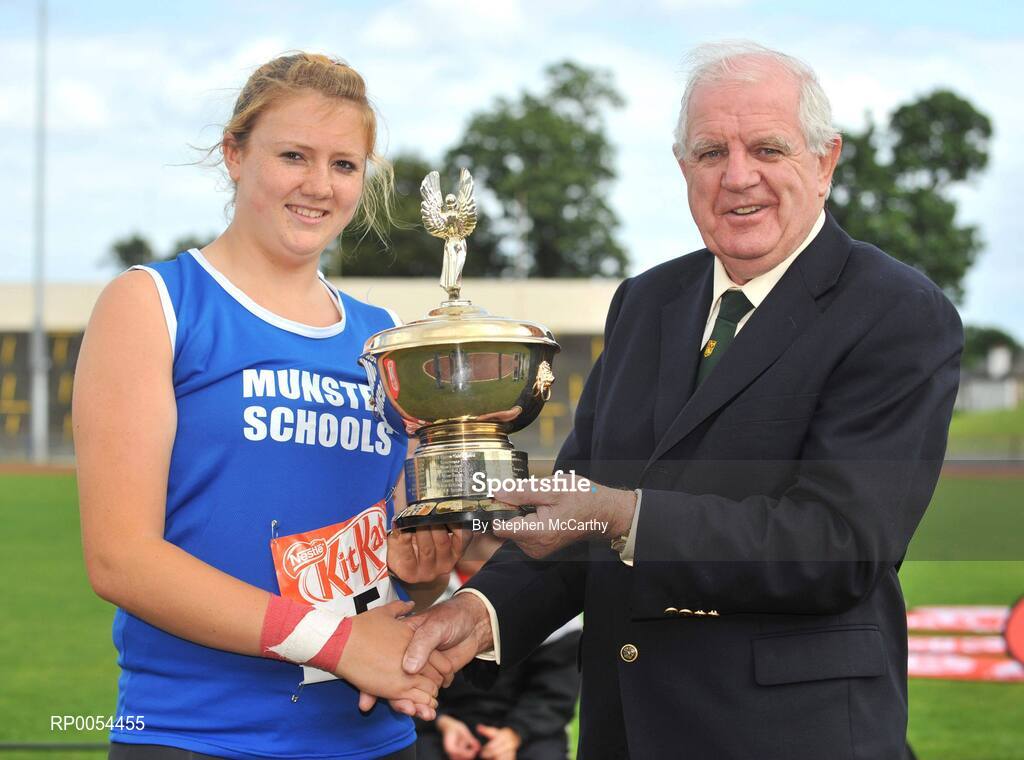 28 June 2008; President of the Irish Schools Athletics Association Michael Hunt presents Claire Fitzgerald, Presentation College Tralee, Co. Kerry, with the award for Best Girl athlete at the KitKat Tailteann inter provincial track & field final. Morton Stadium, Santry, Dublin. Picture credit: Stephen McCarthy / SPORTSFILE