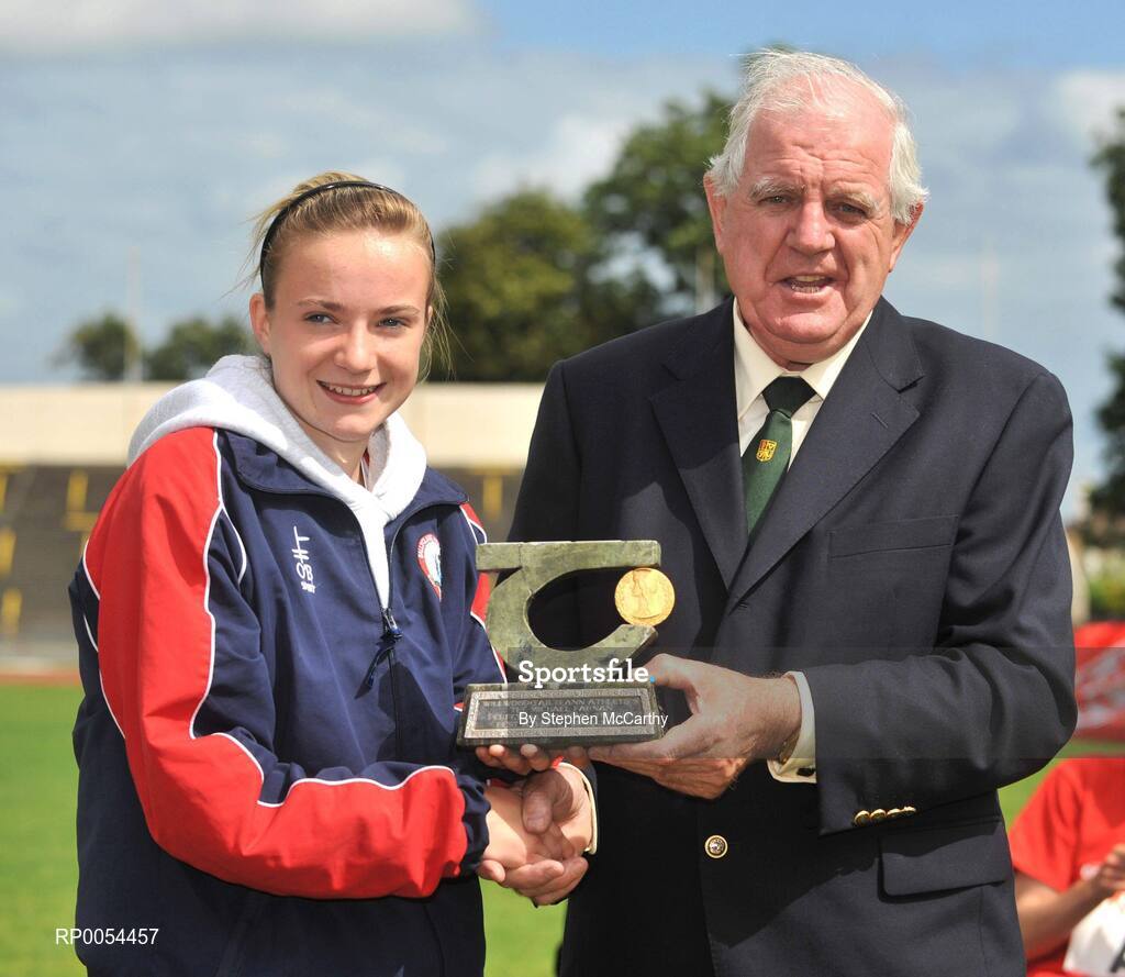 28 June 2008; President of the Irish Schools Athletics Association Michael Hunt presents Joanna Mills, Ballyclare High School, Co. Antrim, with the award for Best Long Jump athlete at the KitKat Tailteann inter provincial track & field final. Morton Stadium, Santry, Dublin. Picture credit: Stephen McCarthy / SPORTSFILE
