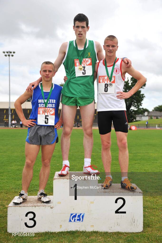 28 June 2008; Winner of the Boys 800m Brian Kelly, Knockbeg College, Co. Carlow, with second place Adam Ingram, Hazelwood Intergrated College, Belfast, Antrim, and third place Michael O'Sullivan, McEgan College, Macroom, Co. Cork, at the KitKat Tailteann inter provincial track & field final. Morton Stadium, Santry, Dublin. Picture credit: Stephen McCarthy / SPORTSFILE