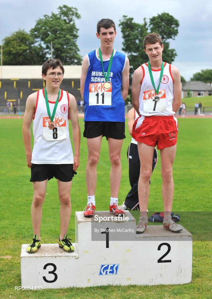 28 June 2008; Winner of the Boys Triple Jump Shane Prout, Scoil Ruain, Killenaule, Co. Tipperary, with second place Ciaran Dolan, St. Michael's Enniskillen, Co. Fermanagh, and third place Benji Knox, Omagh Academy, Tyrone, at the KitKat Tailteann inter provincial track & field final. Morton Stadium, Santry, Dublin. Picture credit: Stephen McCarthy / SPORTSFILE