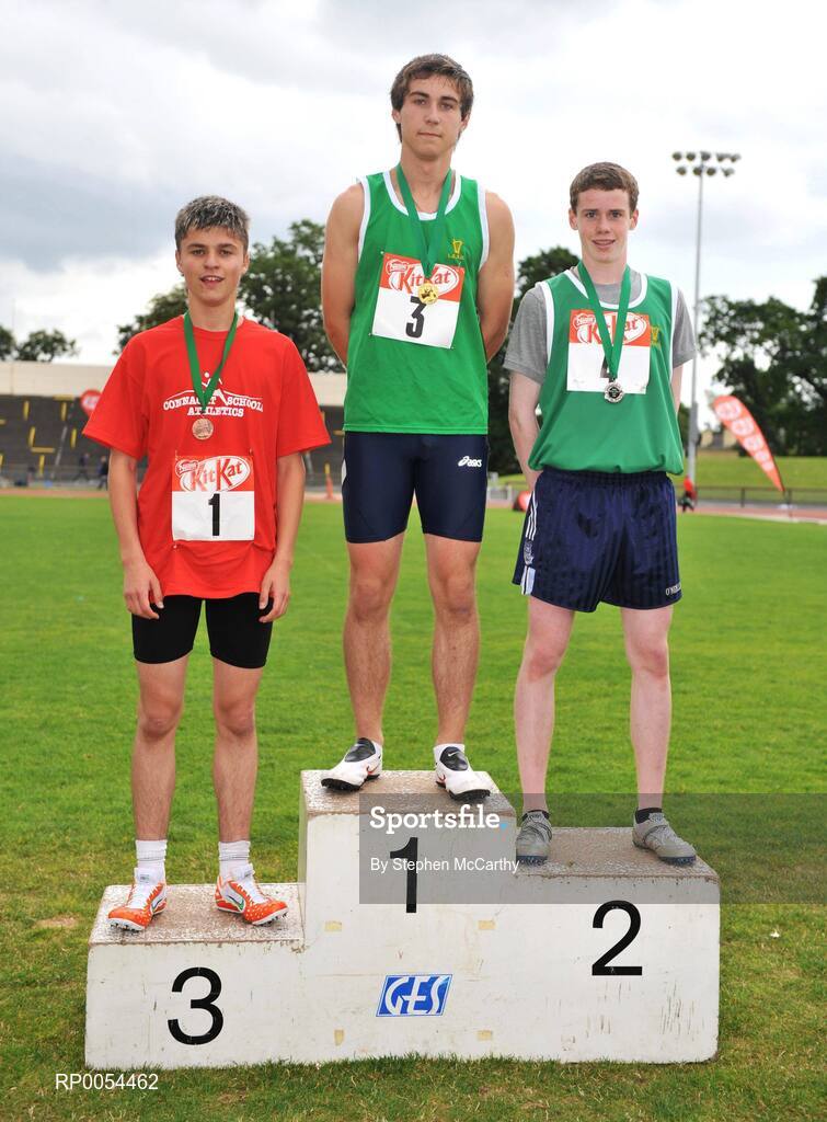 28 June 2008; Winner of the Boys 400m Joseph Dowling, Rockbrook Park School, Dublin, with second place Feilibh Duffy, St. Benildus College, Dublin, and third place Keith Fallon, St. Mary's College, Galway, at the KitKat Tailteann inter provincial track & field final. Morton Stadium, Santry, Dublin. Picture credit: Stephen McCarthy / SPORTSFILE