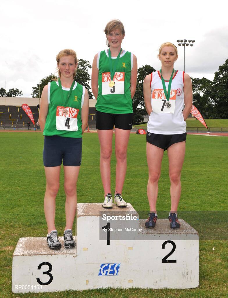 28 June 2008; Winner of the Girls 3000m Tara Jameson, Dominican Wicklow, with second place Eimear Black, Dominican Belfast, Antrim, and third place Mary Mulhare, Presentation Portlaoise, Co. Laois, at the KitKat Tailteann inter provincial track & field final. Morton Stadium, Santry, Dublin. Picture credit: Stephen McCarthy / SPORTSFILE