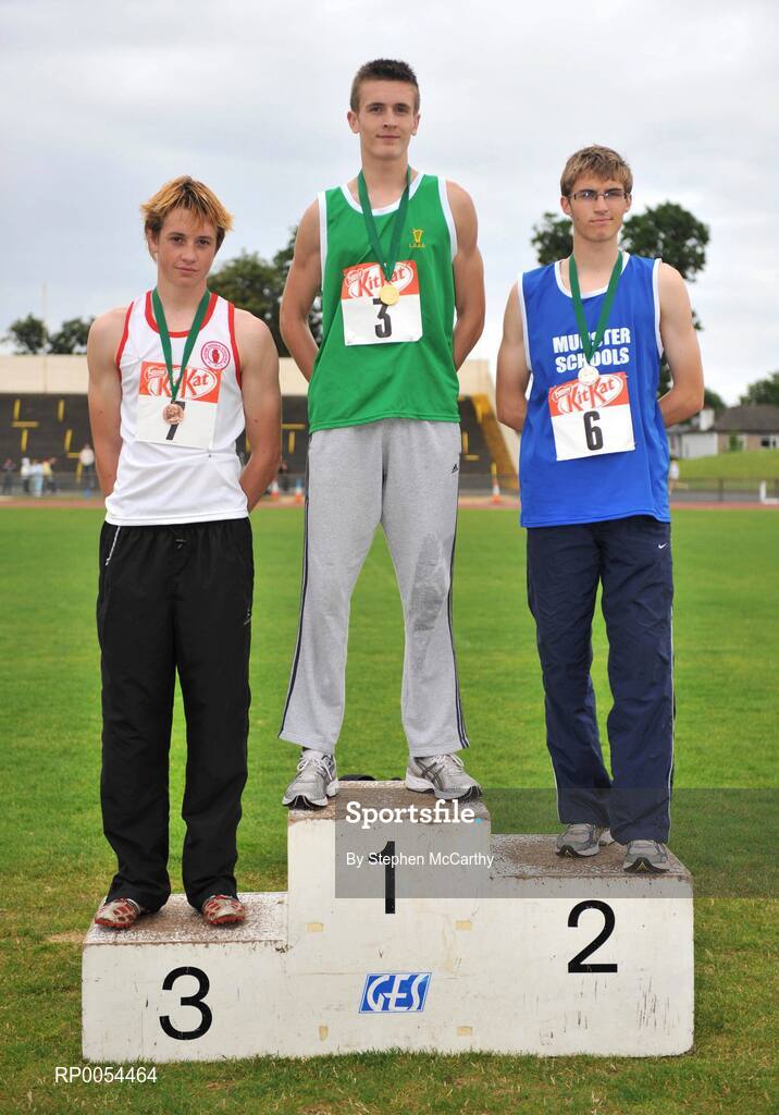28 June 2008; Winner of the Boys 100m Hurdle's Paul Whelan, Templeogue College, Dublin, with second place Edmond O'Halloran, Rochestown College, Co. Cork, and thrid place Steven Colwell, Regent House Grammer School, Co. Down, at the KitKat Tailteann inter provincial track & field final. Morton Stadium, Santry, Dublin. Picture credit: Stephen McCarthy / SPORTSFILE