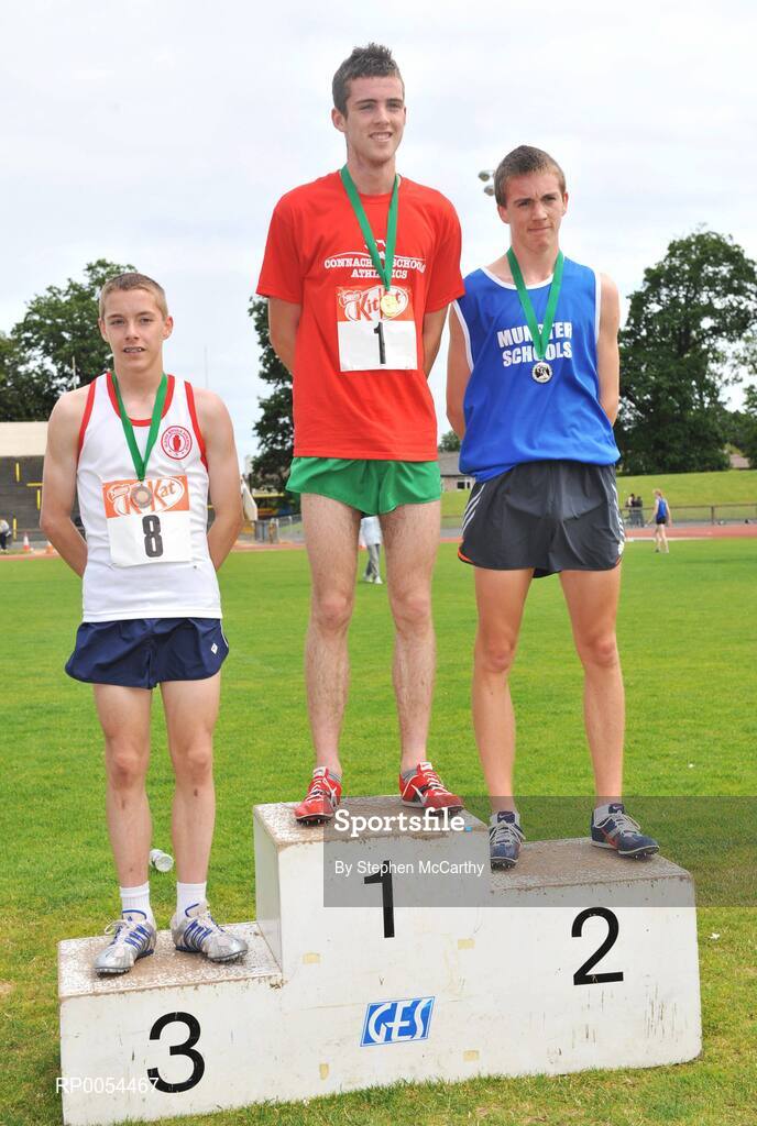 28 June 2008; Winner of the Boys 1500m Ryan Monahan, Grange, Co. Sligo, with second place Liam Markham, St. Flannan's, Co. Clare, and third place Andrew Monaghan, St. Colman's Newry, Co. Down, at the KitKat Tailteann inter provincial track & field final. Morton Stadium, Santry, Dublin. Picture credit: Stephen McCarthy / SPORTSFILE