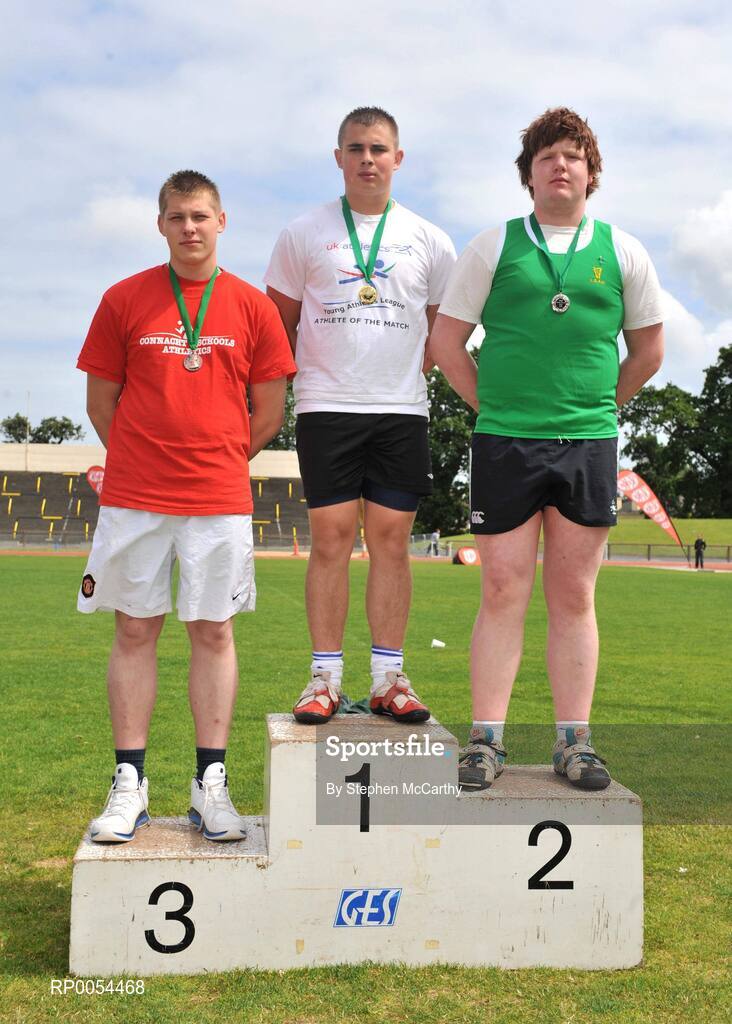 28 June 2008; Winner of the Boys Shot Putt Andrew Doyle, Maghera High School, Co. Derry, with second place Shane Lynch, Belvedere, Dublin, and Marco Pons, CBS, Wexford at the KitKat Tailteann inter provincial track & field final. Morton Stadium, Santry, Dublin. Picture credit: Stephen McCarthy / SPORTSFILE