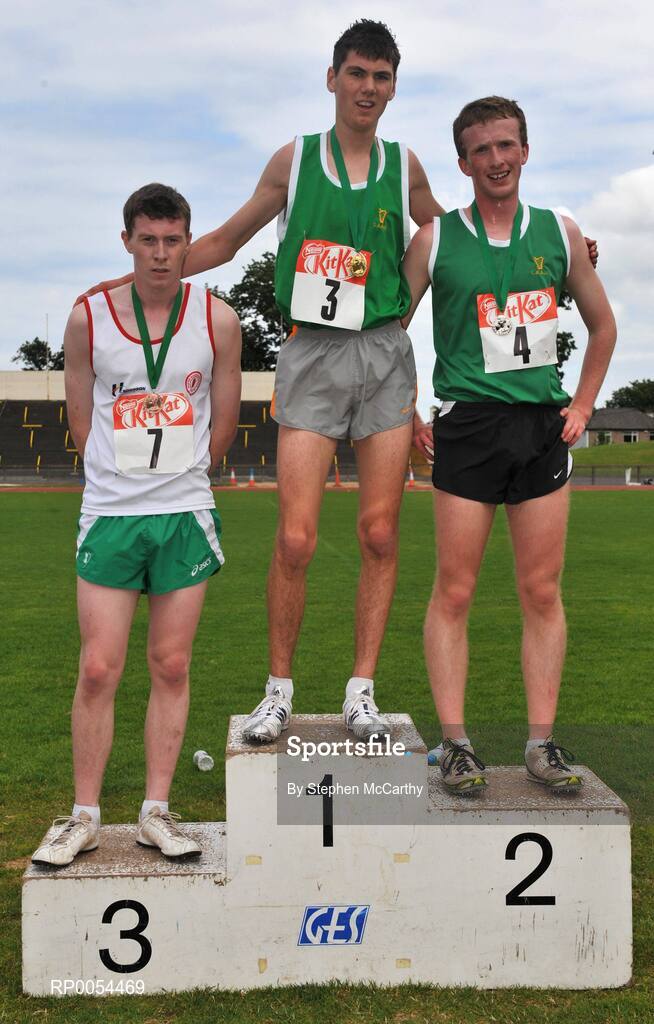 28 June 2008; Winner of the Boys 3000m Jake Byrne, St. Joseph's Rochfordbridge, Co. Westmeath, with second place Shane Boggs, St. Finian's, Mullingar, Co. Westmeath, and third place Niall Cullen, St. Michael's Enniskillen, Co. Fermanagh, at the KitKat Tailteann inter provincial track & field final. Morton Stadium, Santry, Dublin. Picture credit: Stephen McCarthy / SPORTSFILE