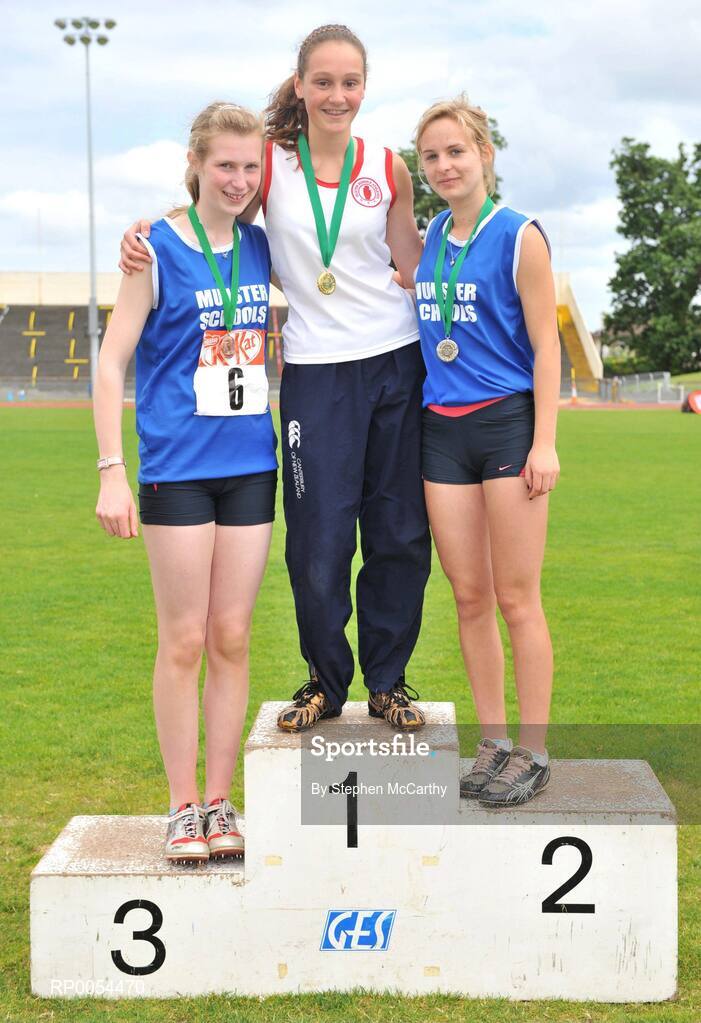 28 June 2008; Winner of the Girls Pole Vault Lucey Dugan, Belfast Royal Academy, Antrim, with second place Nikita Savage, Pobal Scoil na Trionoide Youghal, Co. Cork, and third place Lisa Houlihan, St. Augustine's, Waterford, at the KitKat Tailteann inter provincial track & field final. Morton Stadium, Santry, Dublin. Picture credit: Stephen McCarthy / SPORTSFILE