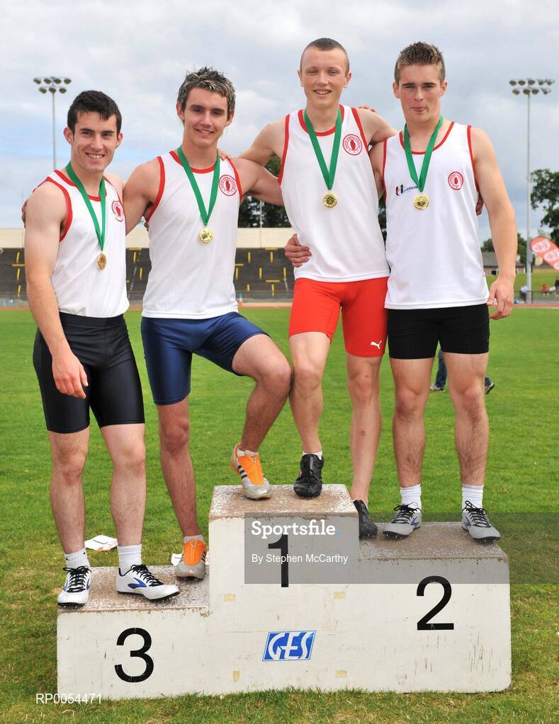 28 June 2008; The victorious Boys 4x100m Ulster team, from left, Gerard Maguire, Kieran Bradley, Curtis Woods and Stuart Connor at the KitKat Tailteann inter provincial track & field final. Morton Stadium, Santry, Dublin. Picture credit: Stephen McCarthy / SPORTSFILE