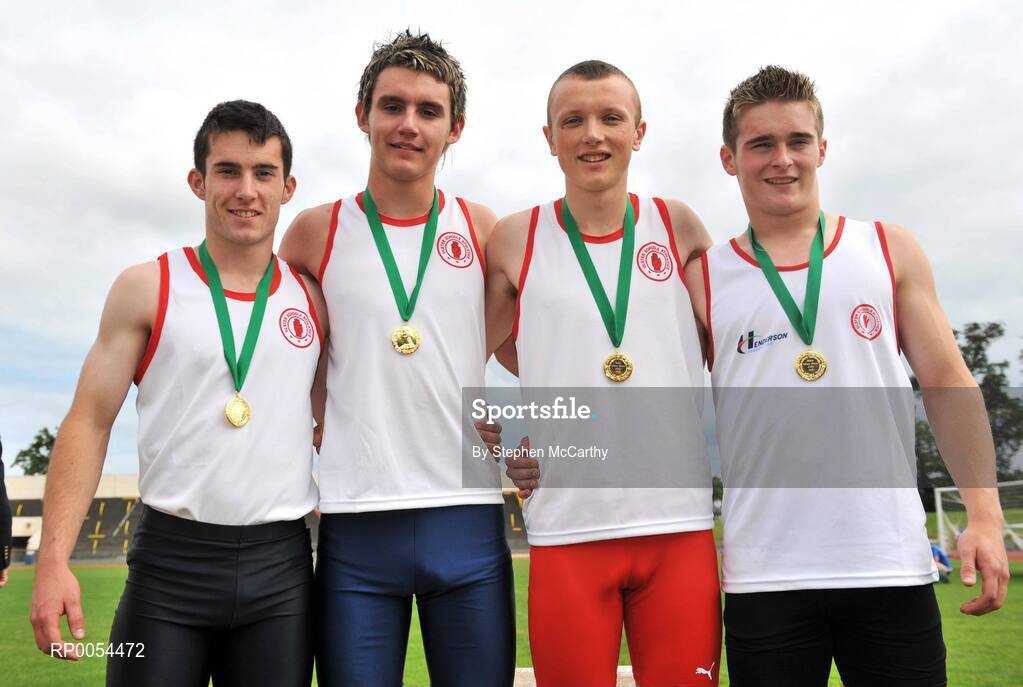 28 June 2008; The victorious Boys 4x100m Ulster team, from left, Gerard Maguire, Kieran Bradley, Curtis Woods and Stuart Connor at the KitKat Tailteann inter provincial track & field final. Morton Stadium, Santry, Dublin. Picture credit: Stephen McCarthy / SPORTSFILE