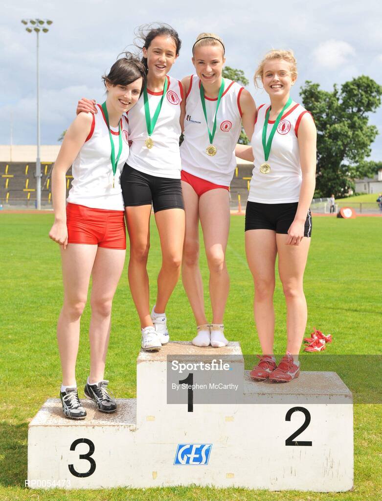 28 June 2008; The victorious Girls 4x300m Relay Ulster team, from left, Louise Harvey, Christine Timoney, Joanna Mills and Rachel Harvey at the KitKat Tailteann inter provincial track & field final. Morton Stadium, Santry, Dublin. Picture credit: Stephen McCarthy / SPORTSFILE