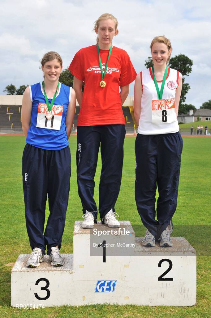 28 June 2008; Winner of the Girls Triple Jump Caoimhe King, Our Lady's Bower, Athlone, Co. Westmeath, with second place Ciara Neary, Scoil Mhuire, Buncrana, Co. Donegal, and third place Aoife Bartley, Scoil Mhuire, Carrick-on-Shannon, Co. Leitrim, at the KitKat Tailteann inter provincial track & field final. Morton Stadium, Santry, Dublin. Picture credit: Stephen McCarthy / SPORTSFILE