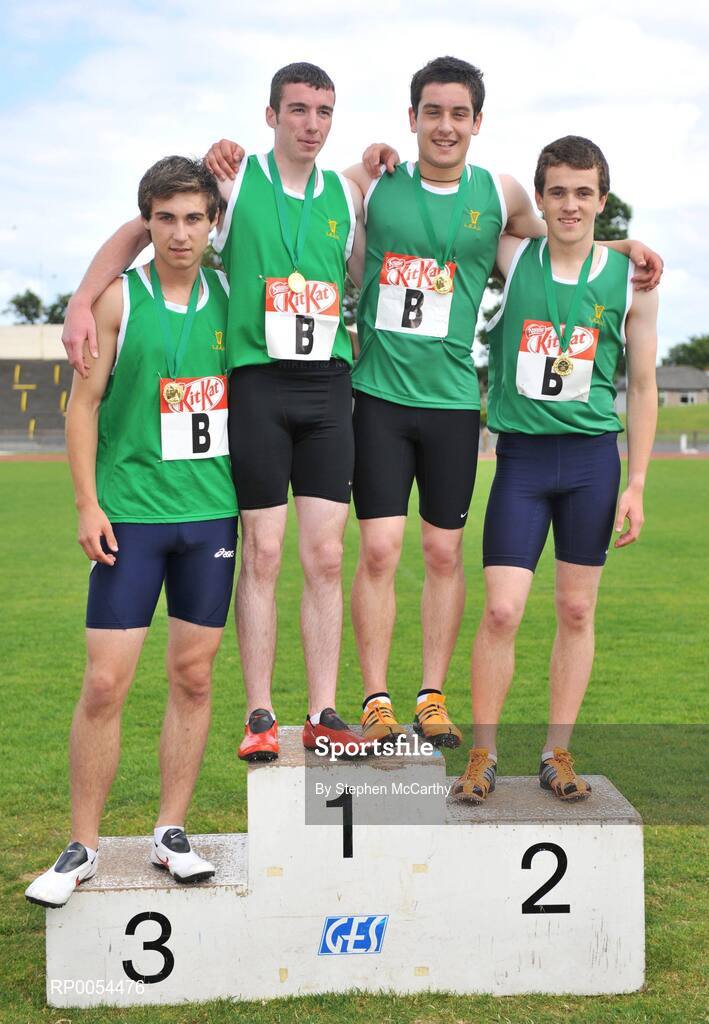 28 June 2008; The victorious Boys 4x400m Relay team, from left, Joseph Dowling, Feilibh Duffy, Sean Lacey and Turloch Grant O’Carolan at the KitKat Tailteann inter provincial track & field final. Morton Stadium, Santry, Dublin. Picture credit: Stephen McCarthy / SPORTSFILE