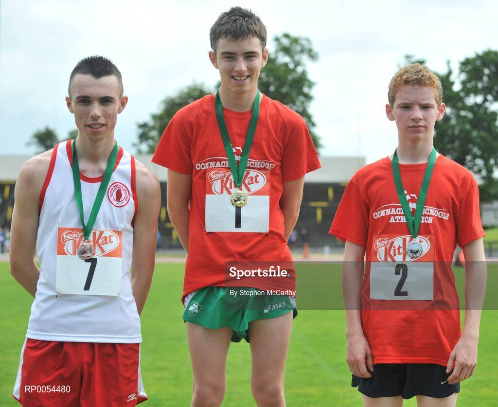 28 June 2008; Winner of the Boys 3000m Walk Cian McManamon, Rice College, Westport, Co. Mayo, with second place Oisin Oliver, Scoil Mhuire & Padraig Swinford, Co. Mayo, right, and third place Owen McCabe, Malone College, Belfast, Antrim, at the KitKat Tailteann inter provincial track & field final. Morton Stadium, Santry, Dublin. Picture credit: Stephen McCarthy / SPORTSFILE