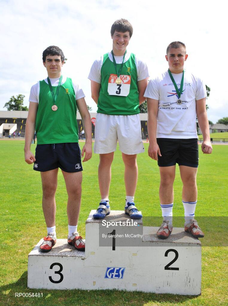 28 June 2008; Winner of the Boys Hammer Conal Campion, Belvedere College, Dublin, with second place James McCabe, Belvedere College, Dublin, and third place Darragh Hanlon, Cistercian, Roscrea, Co. Offaly, at the KitKat Tailteann inter provincial track & field final. Morton Stadium, Santry, Dublin. Picture credit: Stephen McCarthy / SPORTSFILE