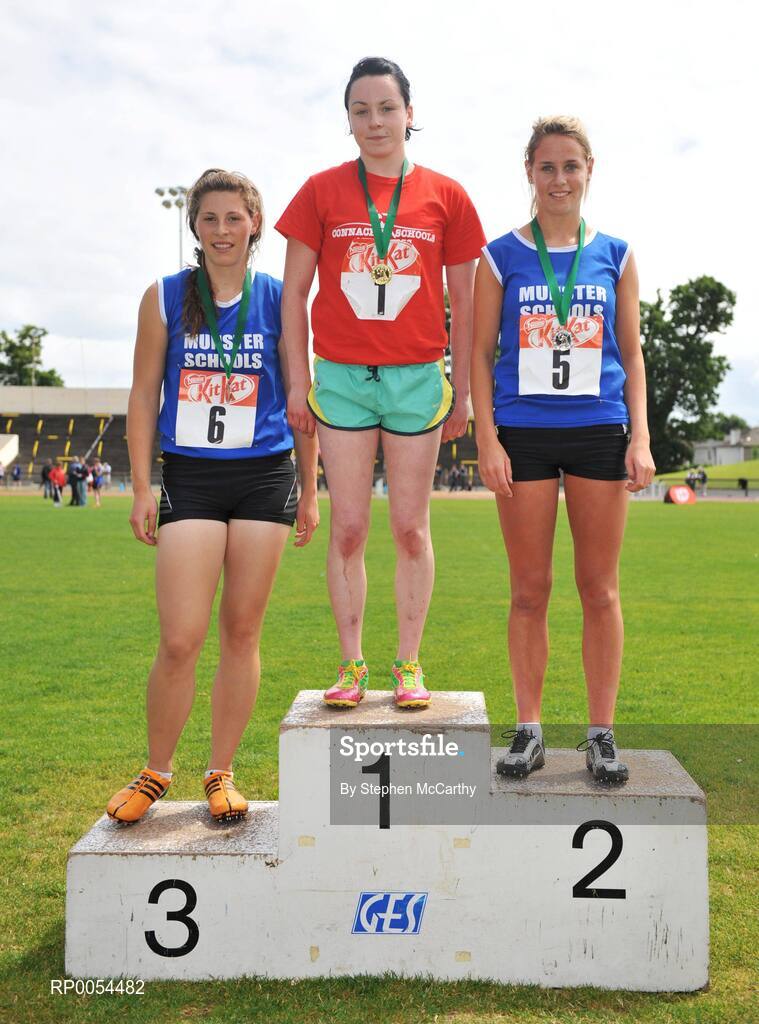 28 June 2008; Winner of the Girls 300m Hurdles Rebbeca Nolan, Calasanctius Secondary School, Oranmore, Co. Galway, with second place Orla Finn, Kinsale Community School, Co. Cork, and third place Kate Humphreys, St. Angelas College, Co. Cork, at the KitKat Tailteann inter provincial track & field final. Morton Stadium, Santry, Dublin. Picture credit: Stephen McCarthy / SPORTSFILE