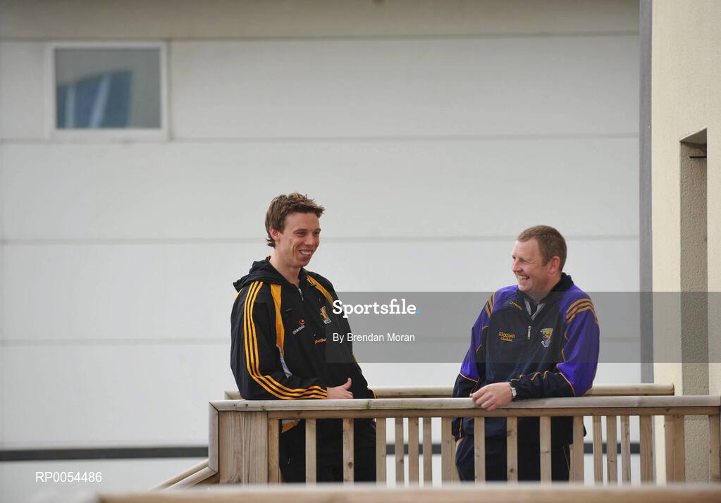 30 June 2008; Kilkenny's Brian Hogan, left, and Wexford's Damien Fitzhenry in conversation before a press conference ahead of the GAA Hurling Leinster Senior Final on Sunday next. Talbot Hotel, Carlow. Picture credit: Brendan Moran / SPORTSFILE