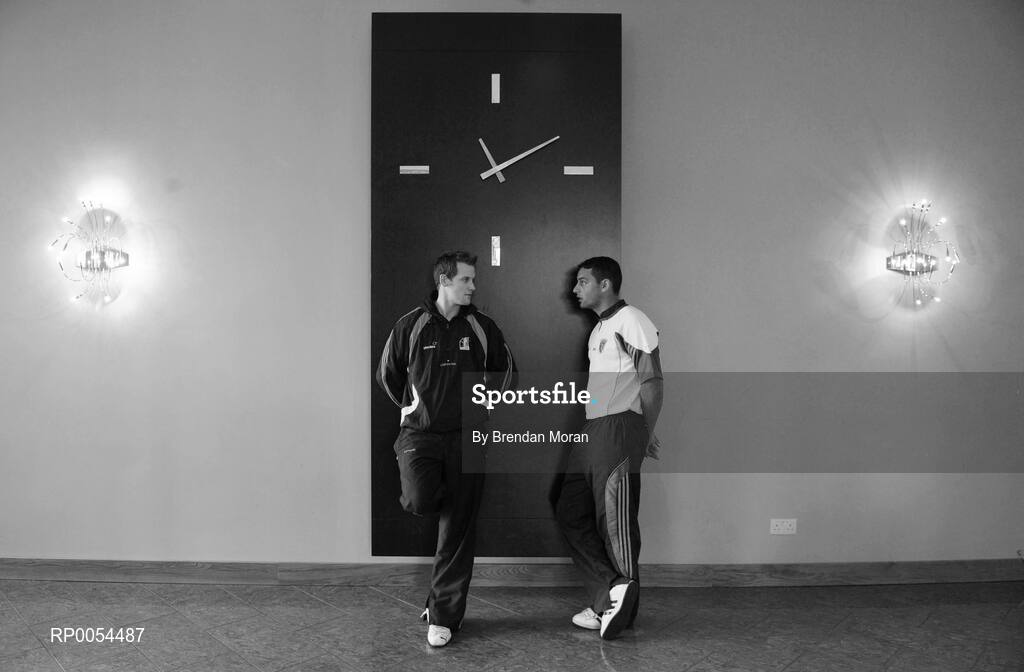 30 June 2008; Kilkenny's Jackie Tyrrell, left, and Wexford's Keith Rossiter in conversation before a press conference ahead of the GAA Hurling Leinster Senior Final on Sunday next. Talbot Hotel, Carlow. Picture credit: Brendan Moran / SPORTSFILE