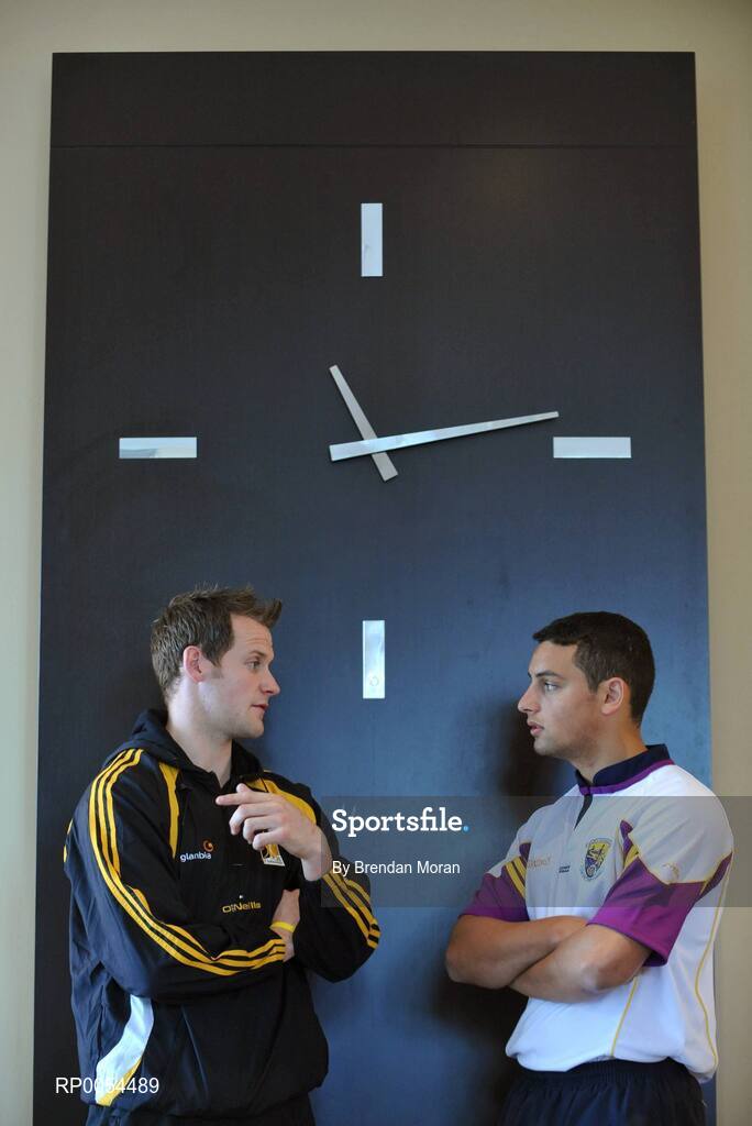 30 June 2008; Kilkenny's Jackie Tyrrell, left, and Wexford's Keith Rossiter in conversation before a press conference ahead of the GAA Hurling Leinster Senior Final on Sunday next. Talbot Hotel, Carlow. Picture credit: Brendan Moran / SPORTSFILE