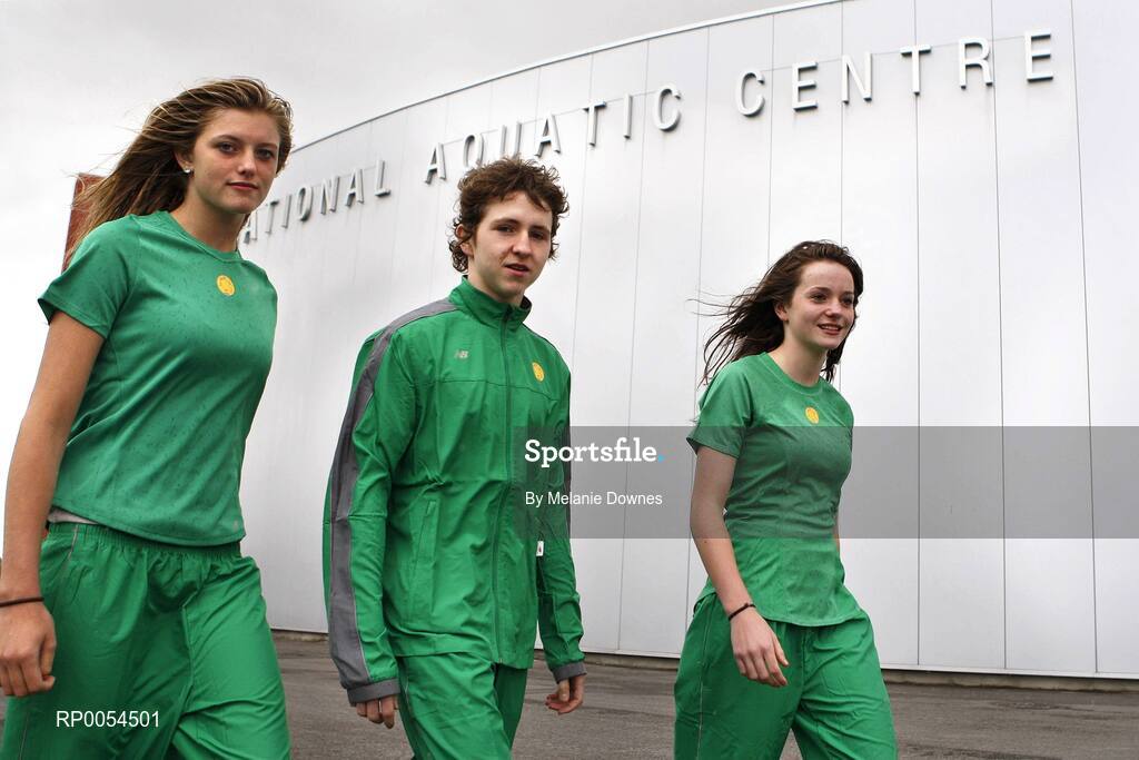 30 June 2008; Irish Modern Pentathlon team members, Naomi Mullins, 16, left, Joey Ward, 15 and Maeve Brassil, 16, right, after their swimming training session at the National Aquatic Centre ahead of this weekend's Modern Pentathlon Youth European Championships which takes place between the 2nd and 7th of July in Dublin. The event will be held in DCU and the National Aquatic Centre. For more information see www.mpaireland.com. Picture credit: Melanie Downes / SPORTSFILE