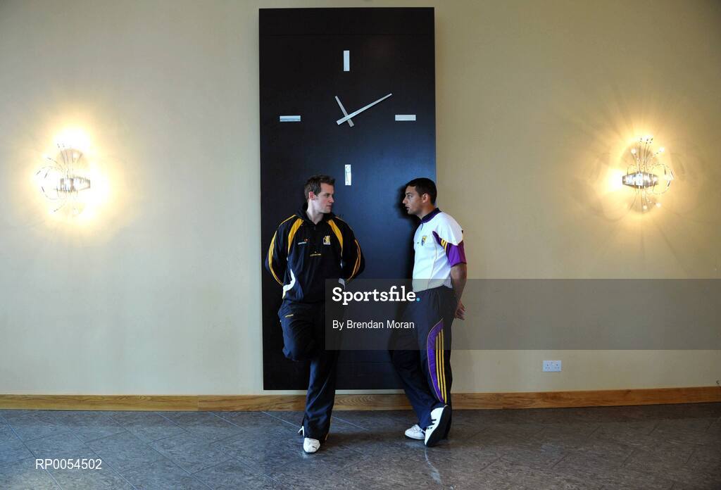 30 June 2008; Kilkenny's Jackie Tyrrell, left, and Wexford's Keith Rossiter in conversation before a press conference ahead of the GAA Hurling Leinster Senior Final on Sunday next. Talbot Hotel, Carlow. Picture credit: Brendan Moran / SPORTSFILE