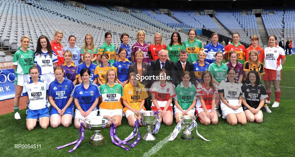 30 June 2008; At the TG4 All-Ireland Ladies Football Championship Launch were, back row, from left, Tara Hughes, Fermanagh, Rebecca Hallahan, Waterford, Angela Walsh, Cork, Denise Masterson, Dublin, Claire O'Hara, Mayo, Grainne Ní Fhlathachta, Mairead Morrisey, Tipperary, Maria Hoey, Galway, Michaela Downey, Down, Marie Devenny, Donegal, Irene Munnelly, Meath, Bernie Deegan, Laois, Aine Kinsella, Carlow, Maeve Moriarity, Armagh, and Gemma Begley, Tyrone. Midlle row, from left, Margaret Kelly, Wexford, Ailson Smith, Longford, Louise Tully, Roscommon, Michelle McElvanely, Longford, Geraldine Giles, Uachtaran Cumann Peil Gael na mBan, Bertie Ahern, T.D., Pól O'Gallchóir, Ceannasai, TG4, Sandra Malone, Clare, Meadhbh Nash, Limerick, Vicki McEnery, Westmeath and Andrea Murphy, Kilkenny. Front row, from left, Niamh Kindlon, Monaghan, Emer Miley, Wicklow, Aisling Doonan, Cavan, Patricia Stapleton, Offaly, Eimear Roantree, representing Antrim, Louise Glass, Derry, Niamh McMullan, representing London, Grace Lynch, Louth, Simone Gilabert, Kildare, and Martina Keane, Sligo. Croke Park, Dublin. Photo by Sportsfile